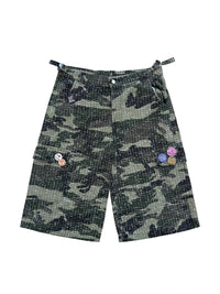 WIDE LEG CAMO DISTRESSED CONVERTIBLE PANTS / SHORTS